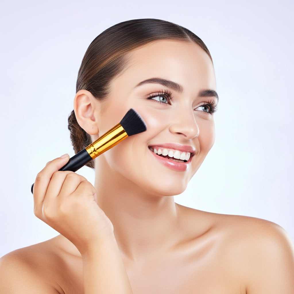 Caucasian Woman applying makeup with a brush on a light purple background